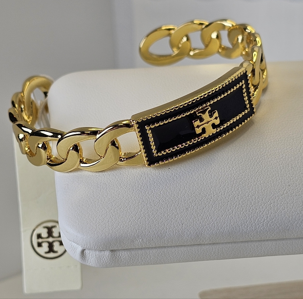 TORY BURCH Black Milgrain Logo Cuff Bracelet